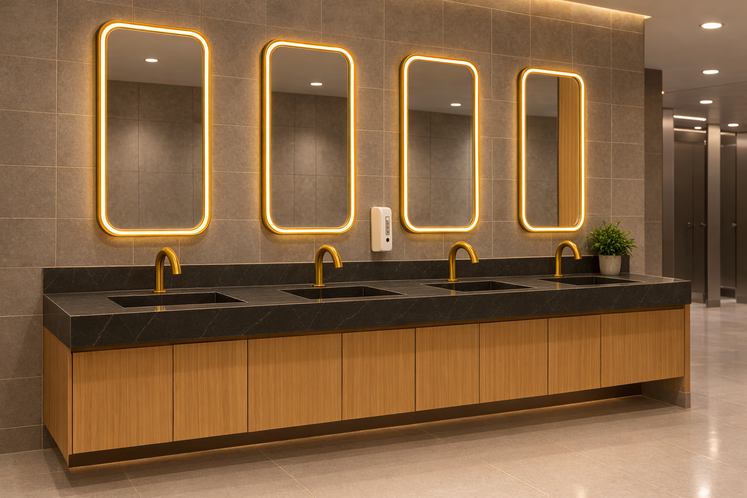Matte black sensor faucets for modern commercial washrooms